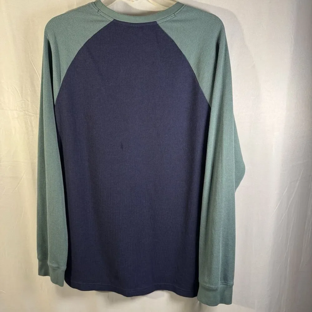 Hurley Mens Long Sleeve Raglan Waffle Knit Shirt Blue Green Graphic Tee Size L